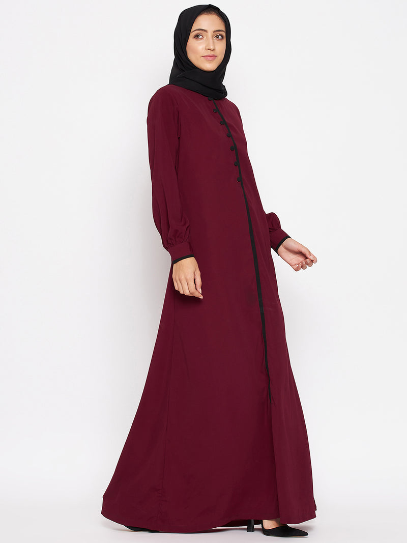 Nabia Women Maroon Solid Piping Design Abaya Burqa With Georgette Scarf