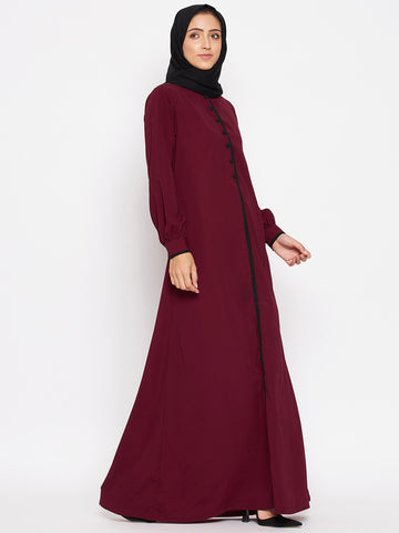 Nabia Women Maroon Solid Piping Design Abaya Burqa With Georgette Scarf