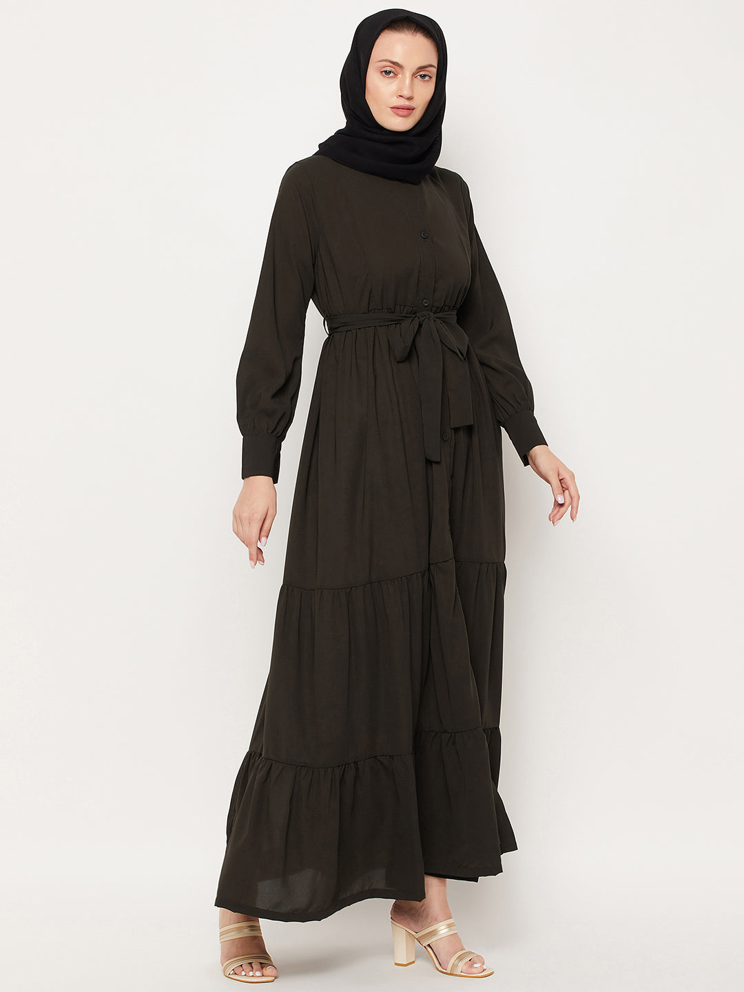 Nabia Olive Green Frill Women Abaya with Georgette Scarf