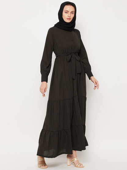 Nabia Olive Green Frill Women Abaya with Georgette Scarf