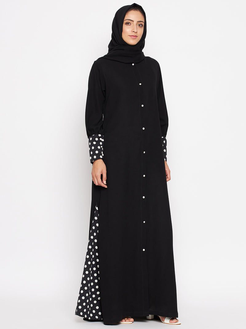 Nabia Women Black Polka Design Nida Matte Fabric Burqa With Georgette Scarf