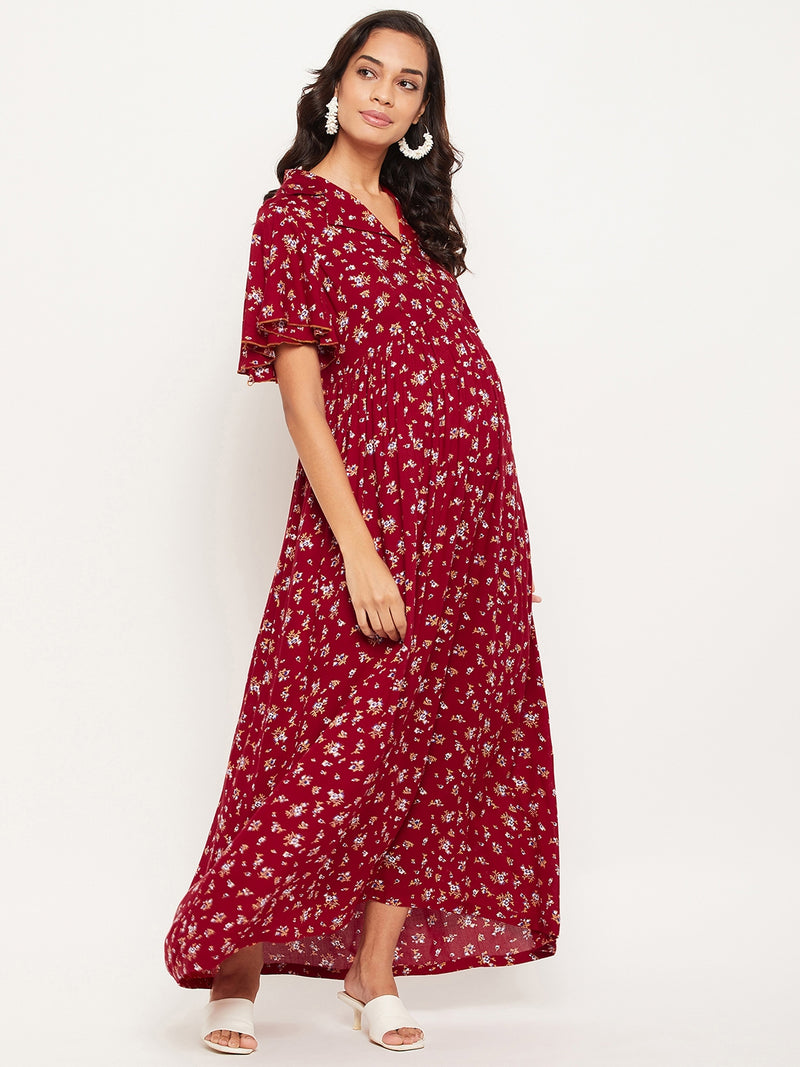 Maternity Maroon Floral Printed Dress for Women