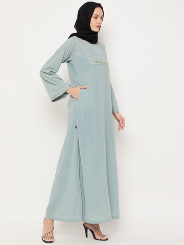 Nabia Sea Green Nida Matte Fabric Embroidery Work Women Abaya With Georgette Scarf