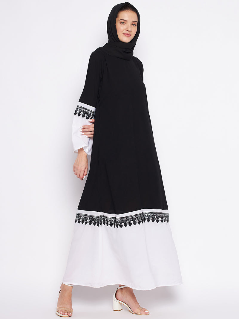 Nabia Black & White Nida Matte Fabric Abaya For Women With Georgette Scarf