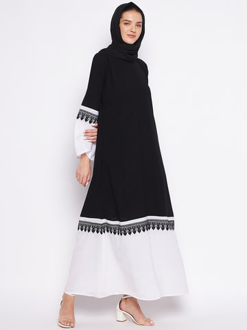 Nabia Black & White Nida Matte Fabric Abaya For Women With Georgette Scarf