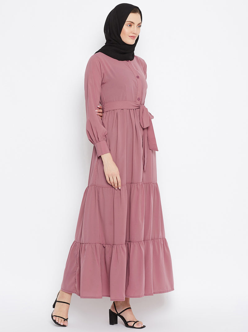 Nabia Women Pink Solid Front Open Three Frilled  Abaya With Georgette Scarf