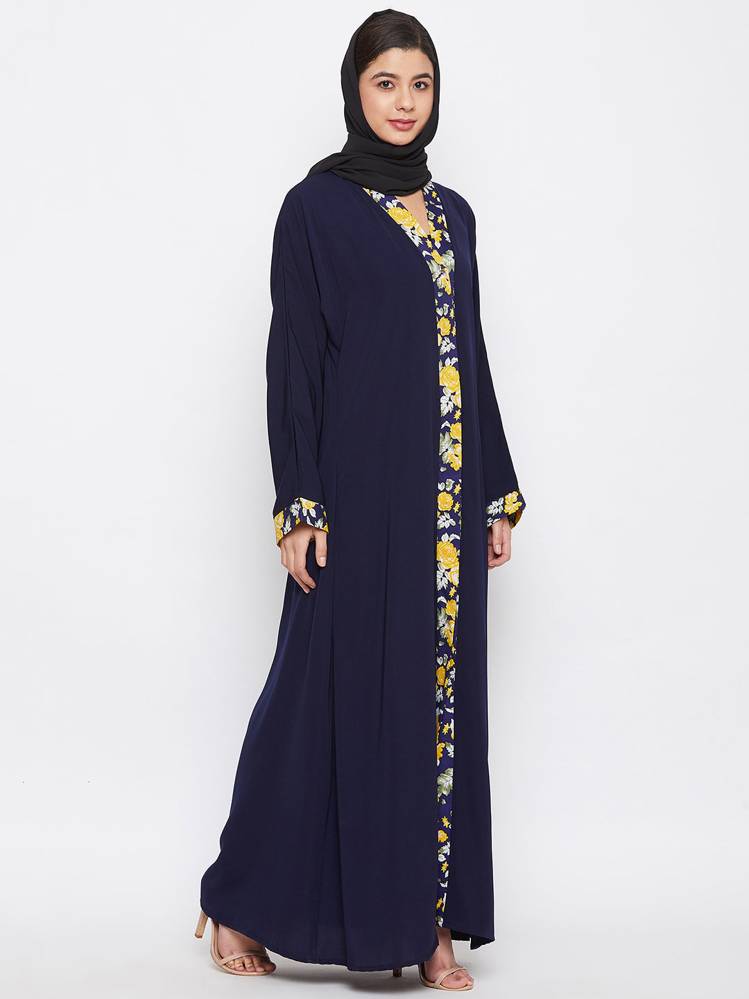 Nabia Women Blue Dubai Style Front Open Nida Matte Fabric Abaya with Georgette Scarf