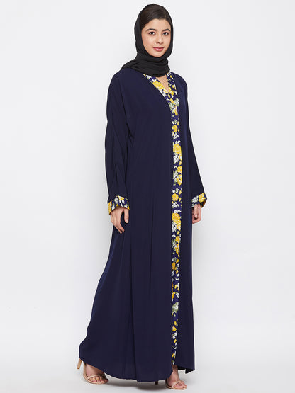 Nabia Women Blue Dubai Style Front Open Nida Matte Fabric Abaya with Georgette Scarf