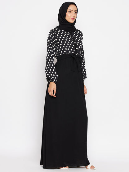 Nabia Women Black & White Polka Dot Printed Abaya With Georgette Scarf