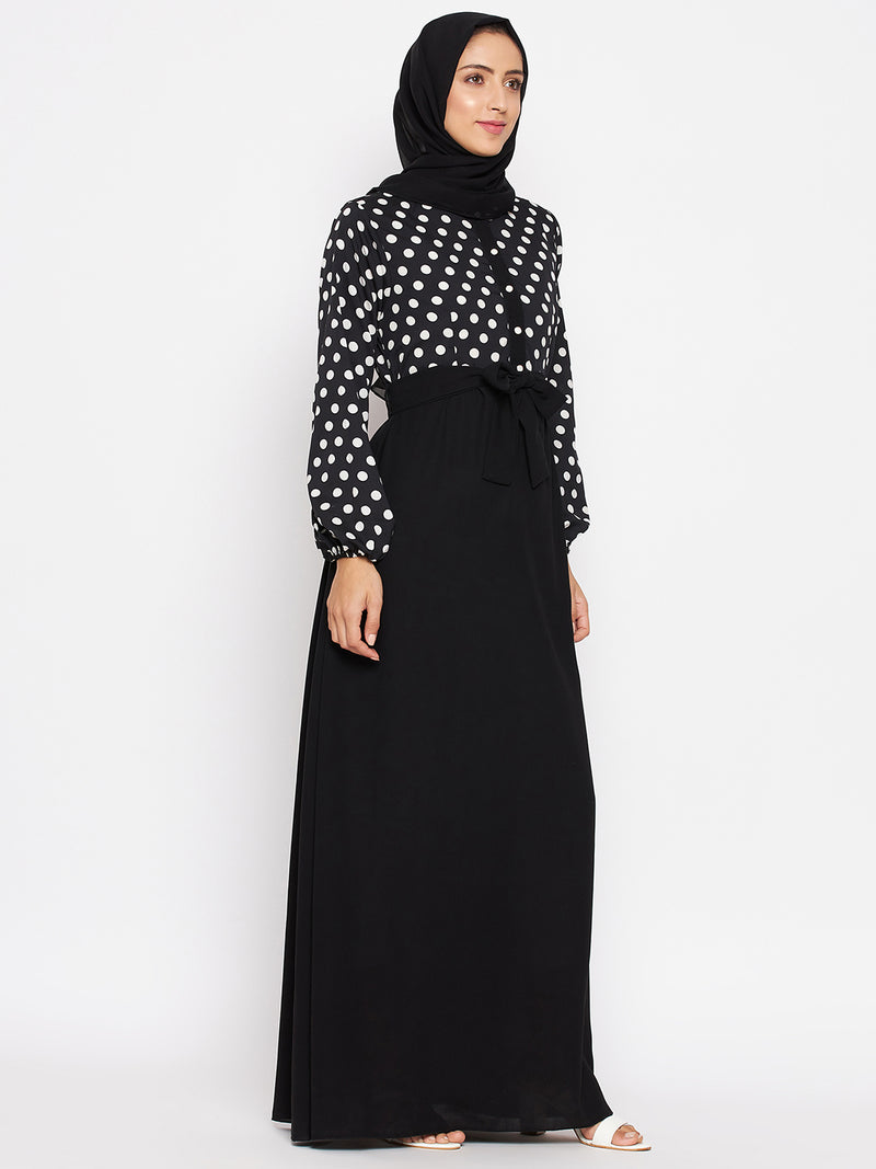Nabia Women Black & White Polka Dot Printed Abaya With Georgette Scarf