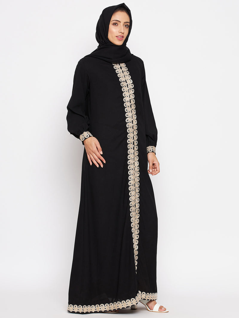 Nabia Women Black Embroidery Nida Matte Abaya With Georgette Scarf