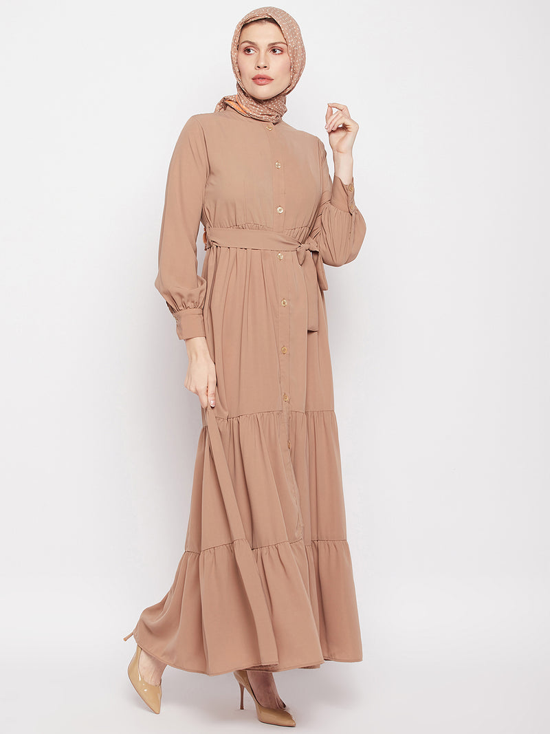 Nabia Women Beige Solid Frilled Nida Matte Fabric Abaya Burqa With Black Georgette Scarf