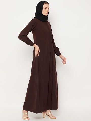 Nabia Brown Nida Mate Fabric Front Open Abaya With Georgette Scarf