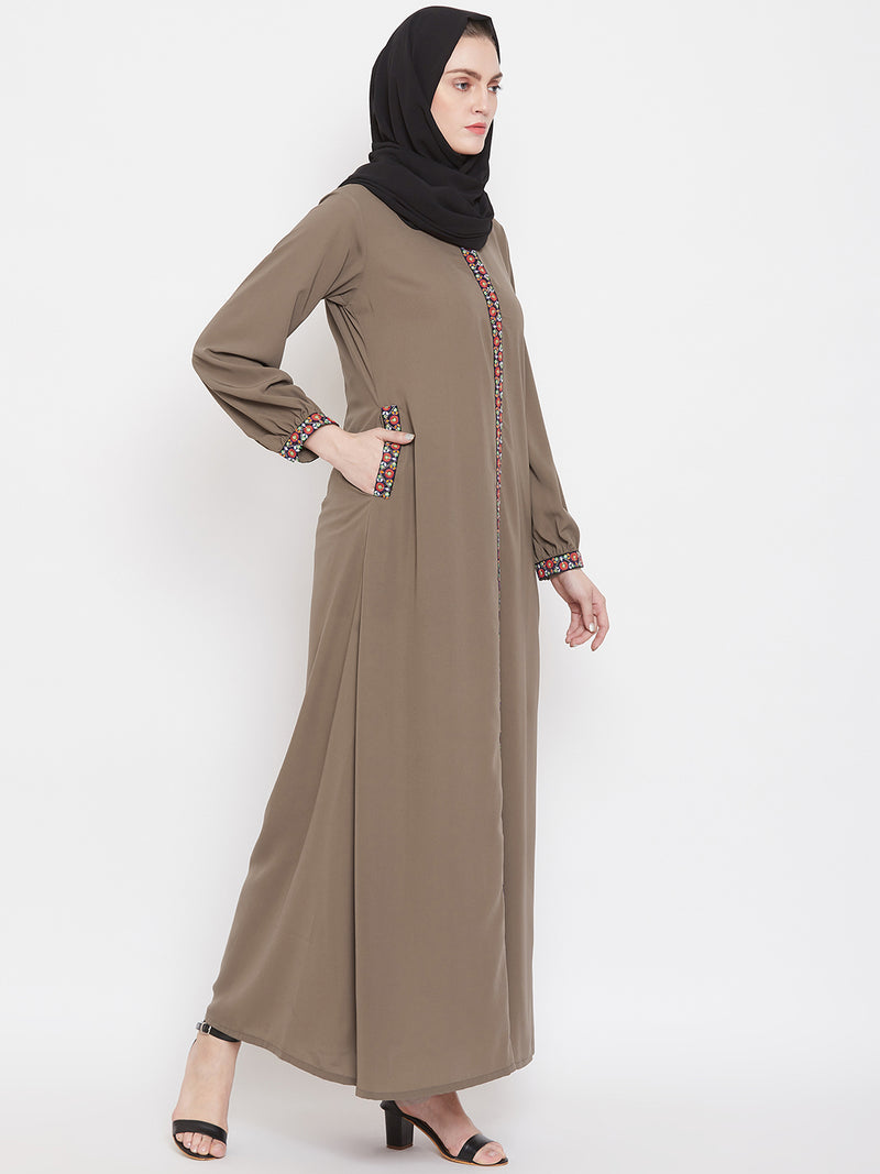 Nabia Women Oat Chikan Hand Embroidery Nida Matte Fabric Abaya with Georgette Scarf