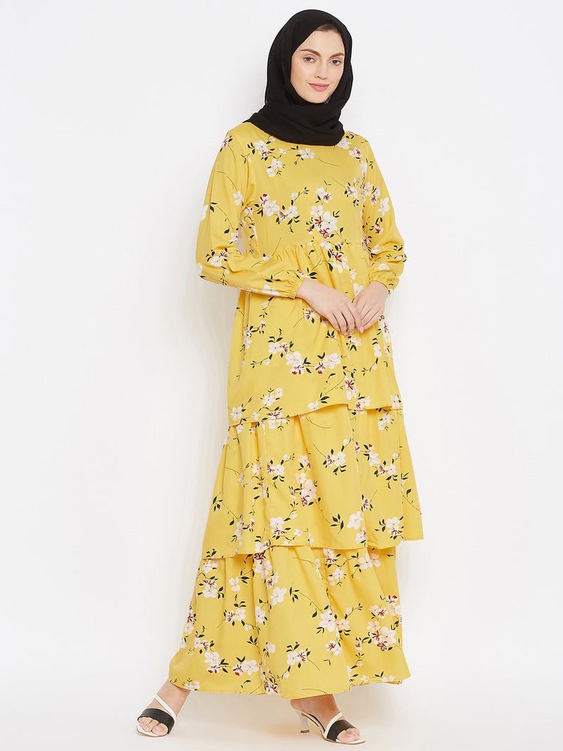 Nabia Women Yellow Floral Printed Crepe Three Frill Abaya Dress With Georgette Scarf