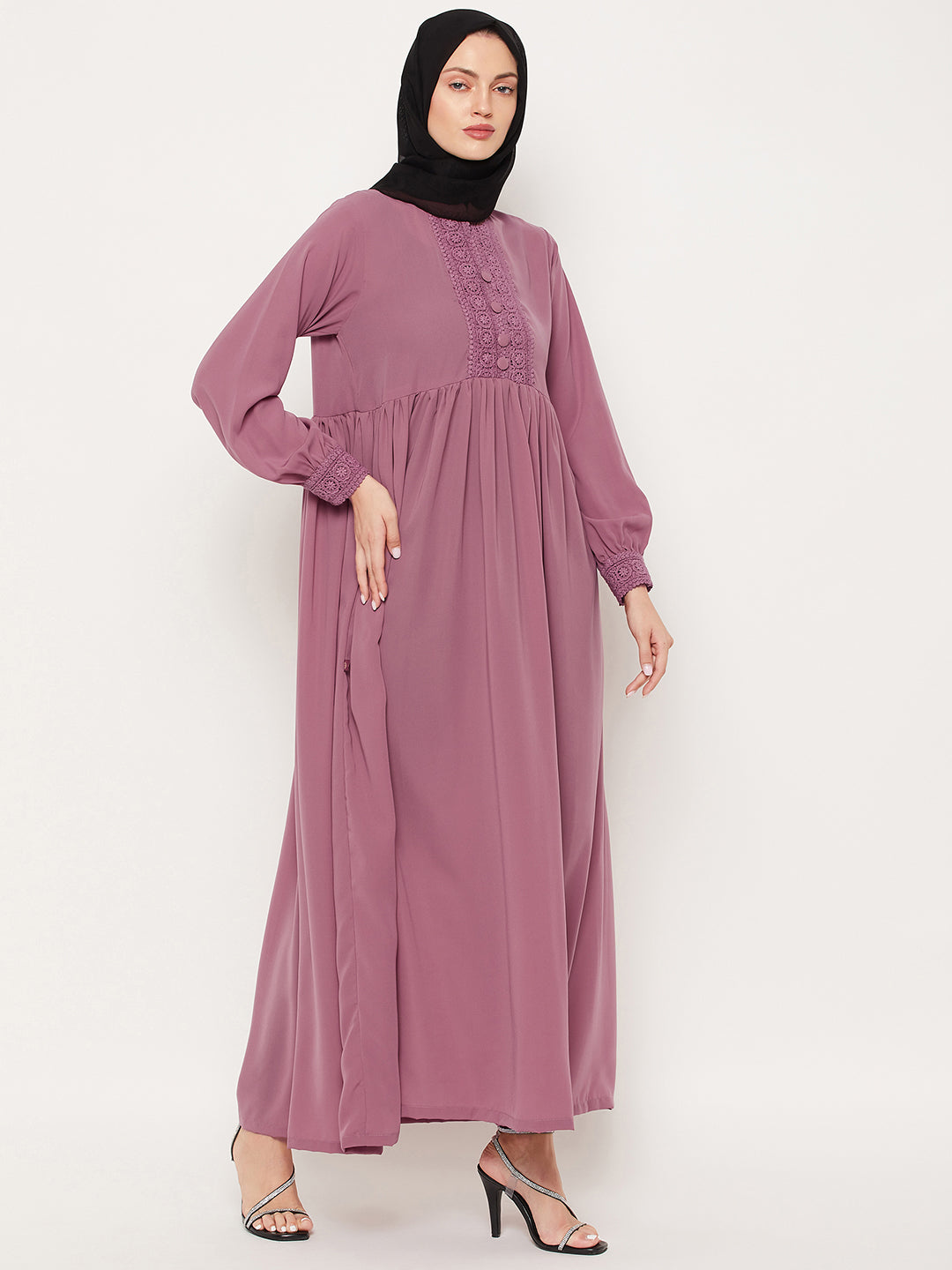 Nabia Puce Pink Lace work Women Abaya with Georgette Scarf
