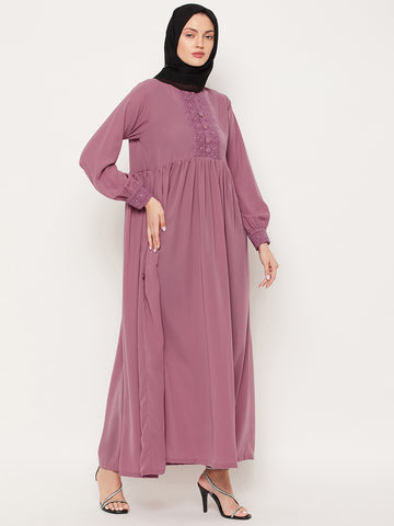 Nabia Puce Pink Lace work Nida Matte Women Abaya With Georgette Scarf