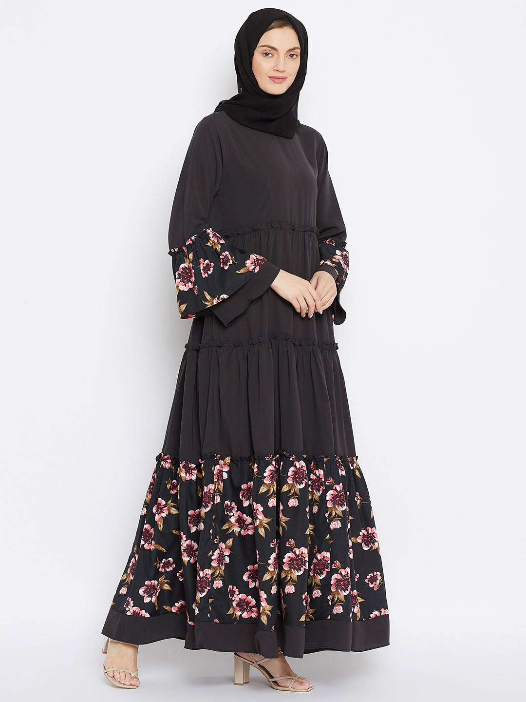 Nabia Women Black Solid & Floral Printed Nida Matte Frill Abaya With Georgette Scarf
