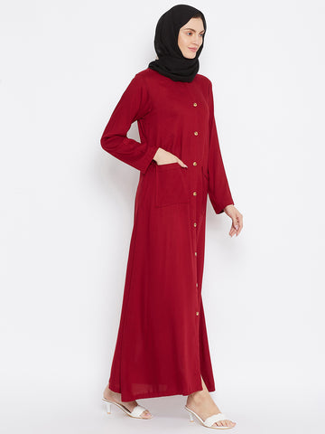 Nabia Women Maroon Rayon Front Open Abaya with Georgette Scarf