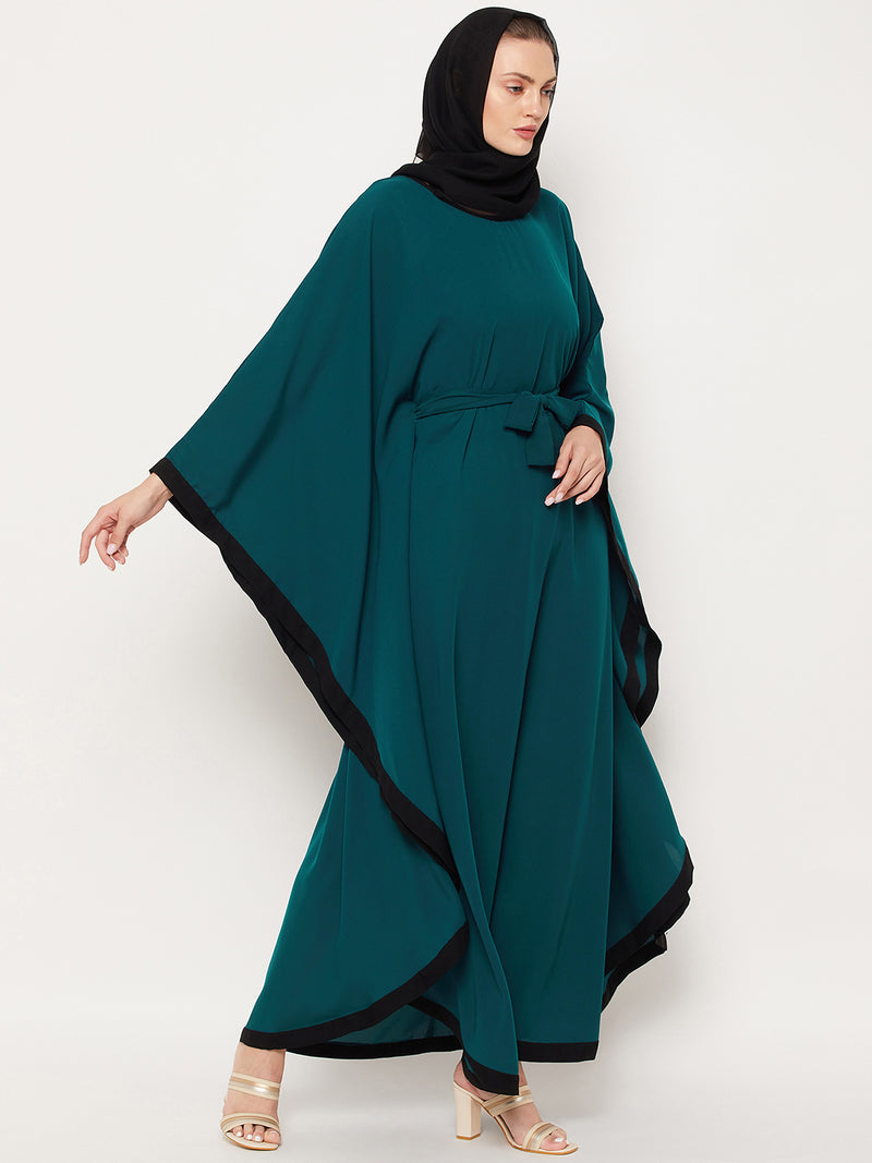Nabia Bottle Green Nida Matte Full Length Kaftan Abaya With Georgette Scarf