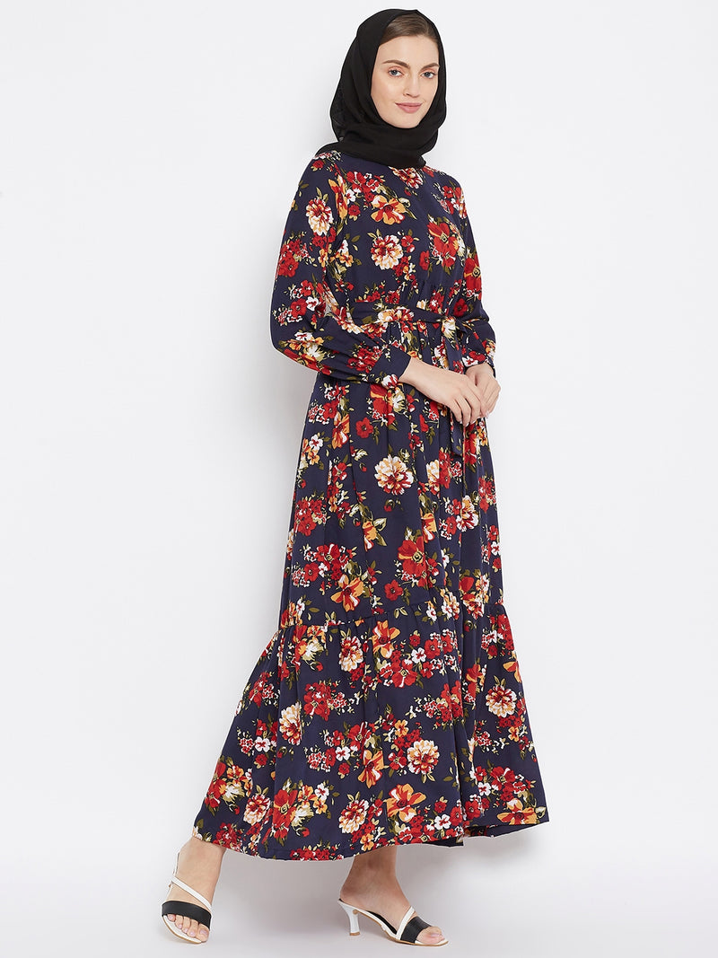 Nabia Women Blue & Red Floral Printed Crepe Two Frill  Abaya Dress With Georgette Scarf
