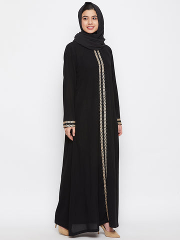 Nabia Women Black Embroidery Nida Matte Fabric Abaya With Georgette Scarf