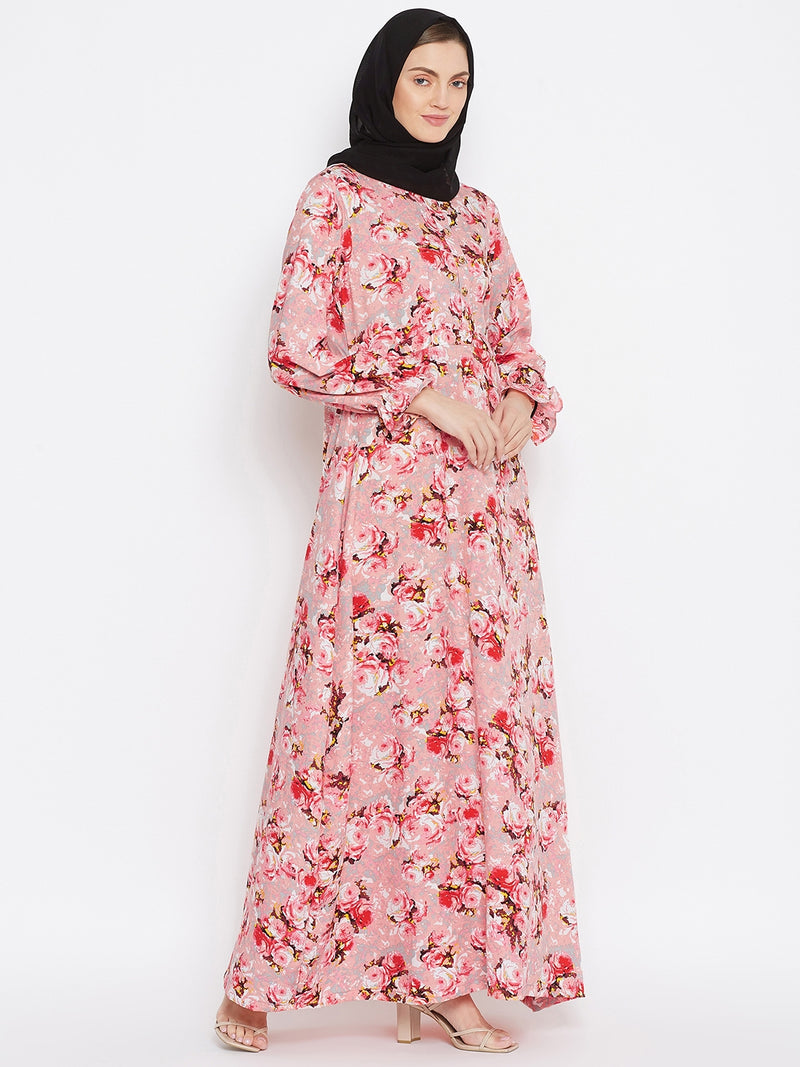 Nabia Women Pink Floral Printed Crepe Abaya Dress With Georgette Scarf