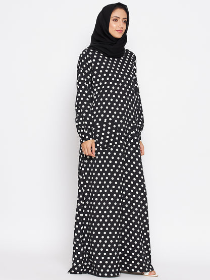 Nabia Women Black Polka Crepe Abaya Dress With Georgette Scarf