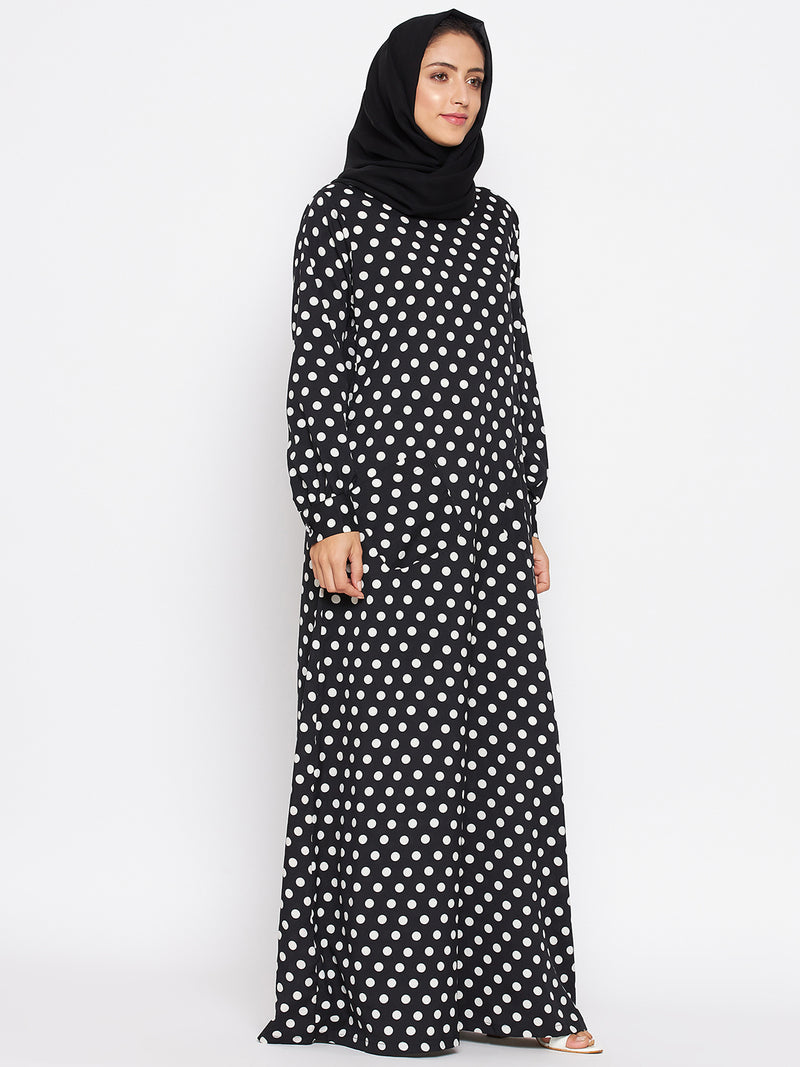 Nabia Women Black Polka Crepe Abaya Dress With Georgette Scarf