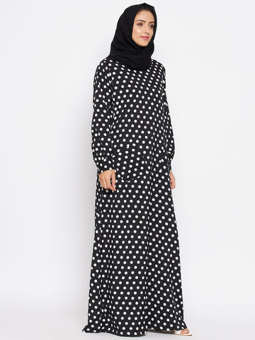 Nabia Women Black Polka Crepe Abaya Dress With Georgette Scarf