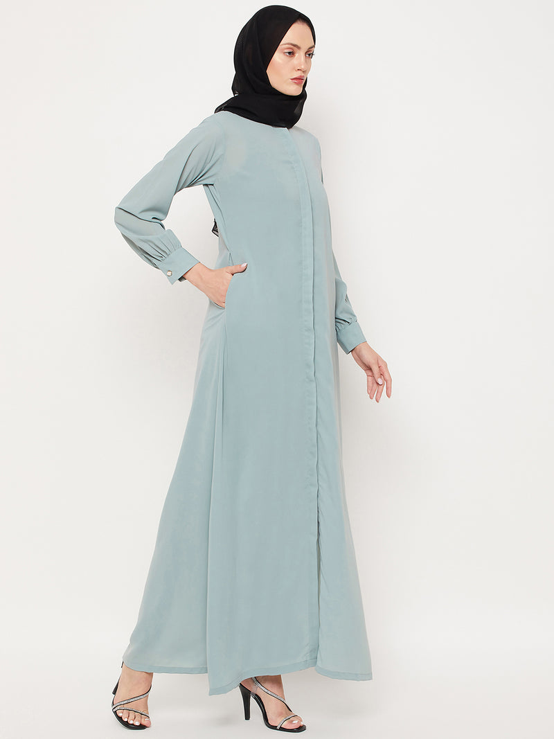Nabia Sea Green Nida Mate Fabric Front Open Abaya With Georgette Scarf