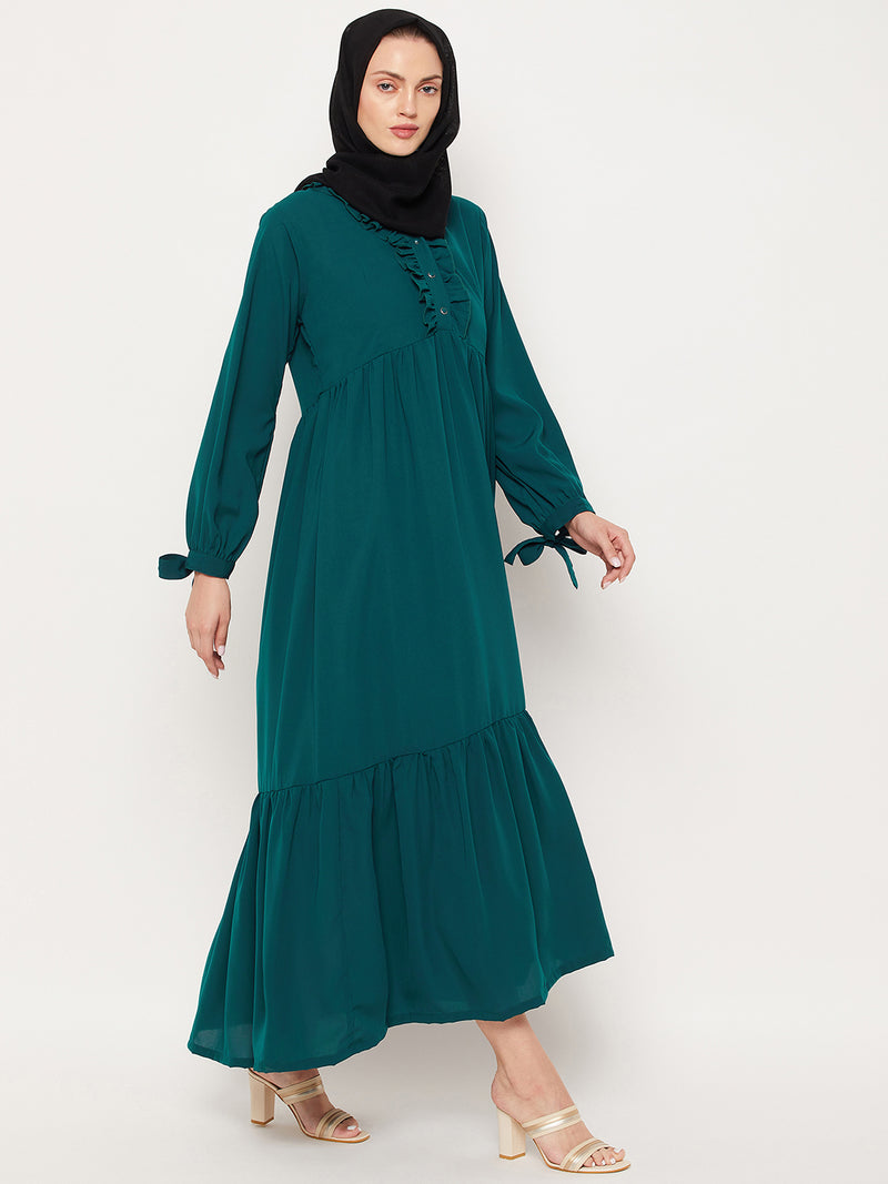 Nabia Bottle Green Ruffle Design Nida Matte Fabric Women Abaya With Georgette Scarf