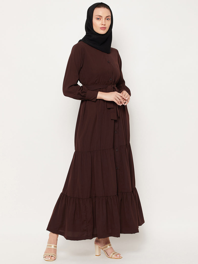 Nabia Brown Frilled Nida Matte Fabric Women Abaya With Georgette Scarf