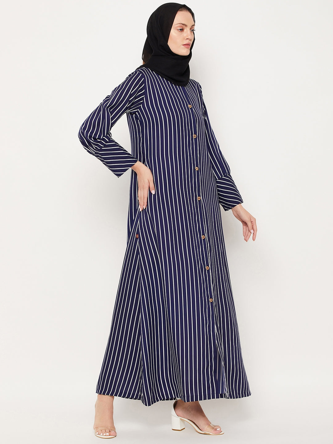 Nabia Blue Striped Front Open Women Abaya with Georgette Scarf