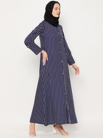 Nabia Blue Striped Crape Front Open Women Abaya With Georgette Scarf