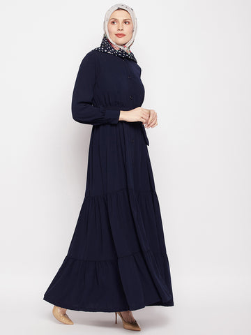 Nabia Women Blue Solid Frilled Nida Matte Fabric Abaya Burqa With Black Georgette Scarf