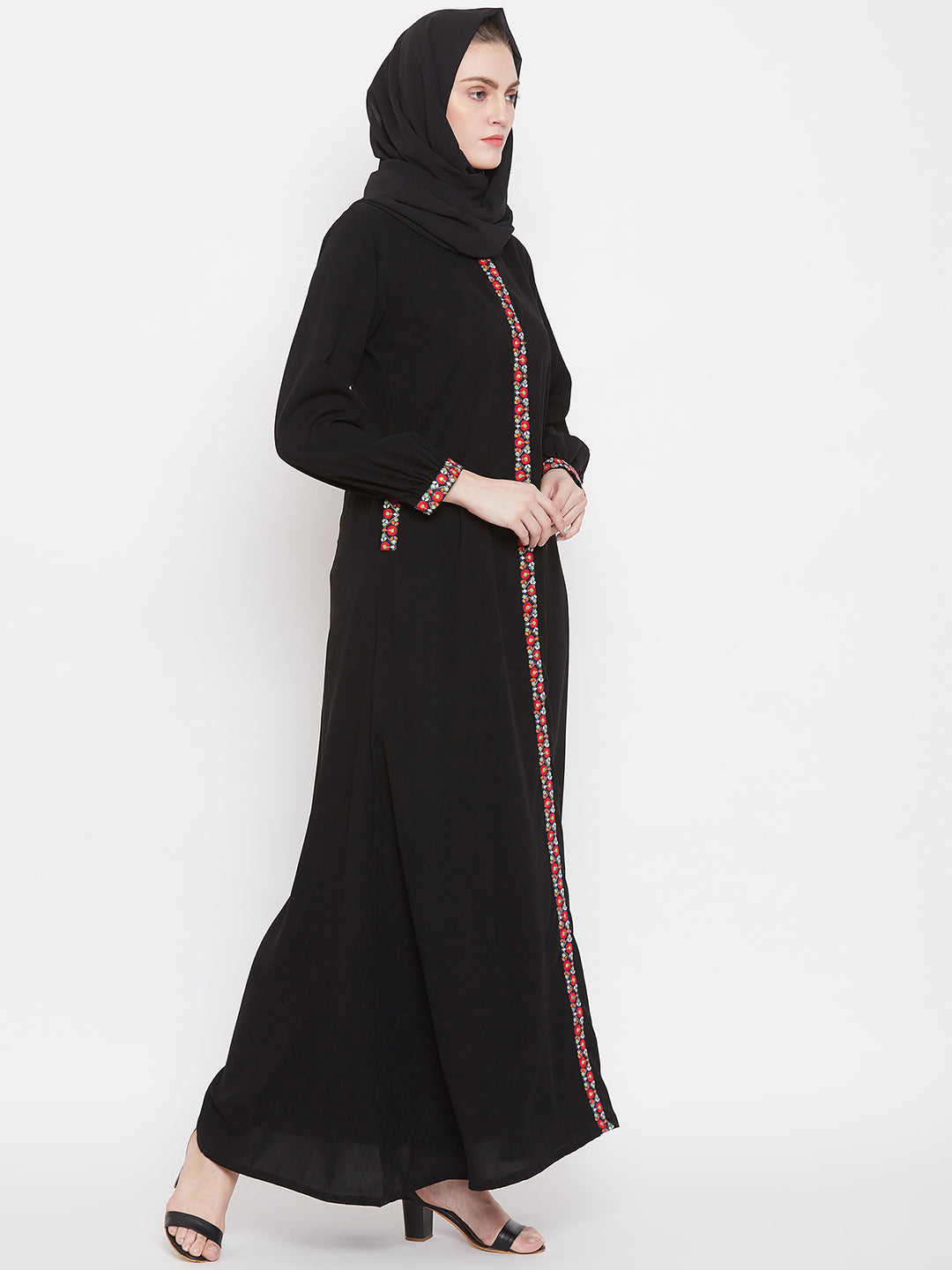 Nabia Women  Black Chikan Hand Embroidery Nida Matte Fabric  Abaya with Georgette Scarf