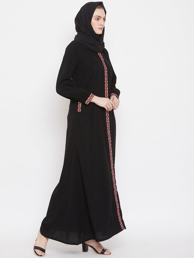 Nabia Women  Black Chikan Hand Embroidery Nida Matte Fabric  Abaya with Georgette Scarf