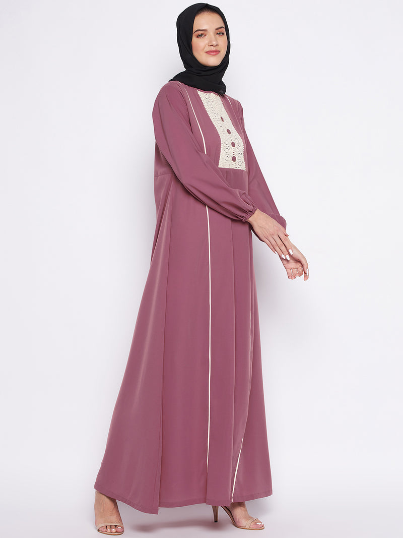 Nabia Puce Pink Nida Matte Fabric Lace Abaya For Women With Georgette Scarf