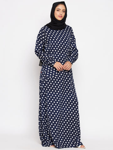Nabia Women Blue Polka Crepe Abaya Dress With Georgette Scarf
