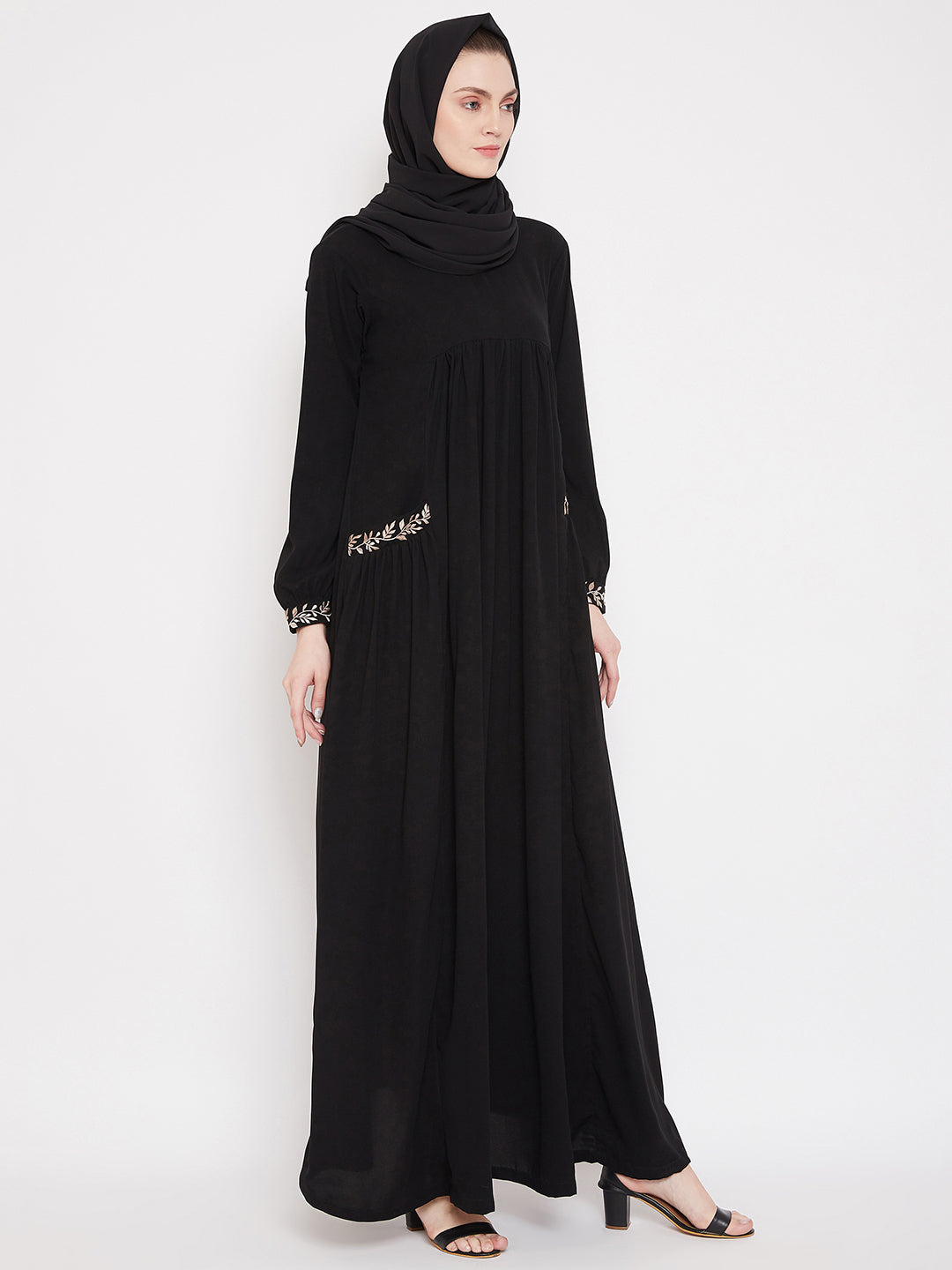 Nabia  Women Black Pocket Embroidery Nida Matte Fabric  Abaya with Georgette Scarf