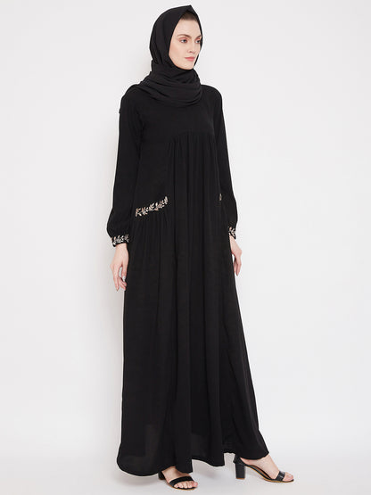 Nabia  Women Black Pocket Embroidery Nida Matte Fabric  Abaya with Georgette Scarf