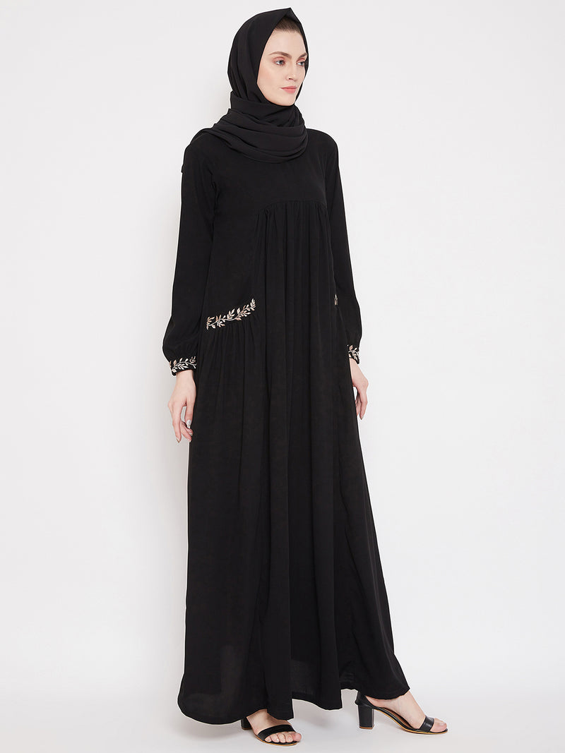 Nabia  Women Black Pocket Embroidery Nida Matte Fabric  Abaya with Georgette Scarf