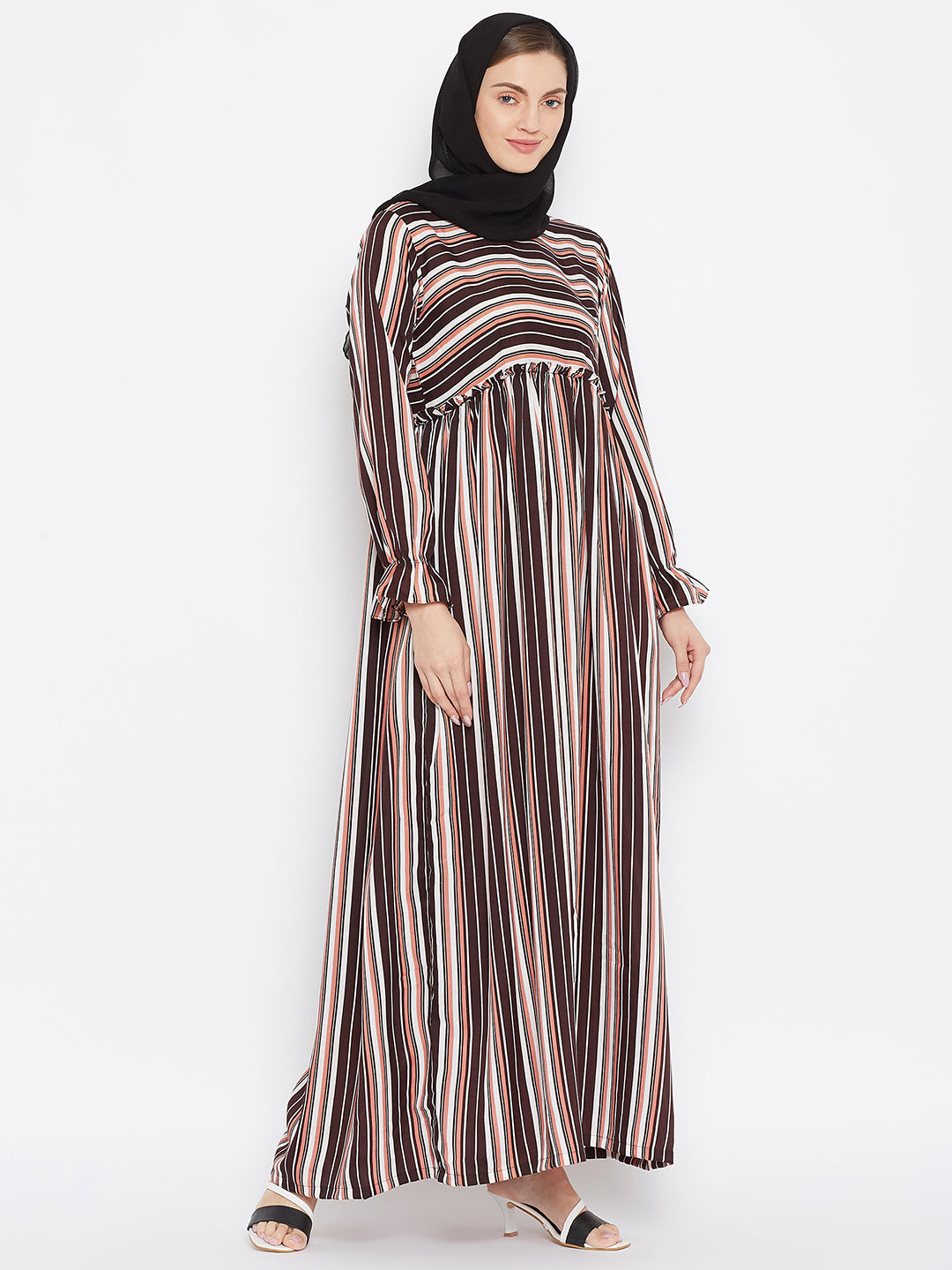 Nabia Brown Stripe Crepe Abaya Dress with Georgette Scarf