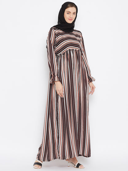Nabia Brown Stripe Crepe Abaya Dress with Georgette Scarf