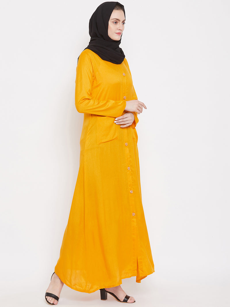 Nabia Women Yellow Rayon Front Open Abaya with Georgette Scarf
