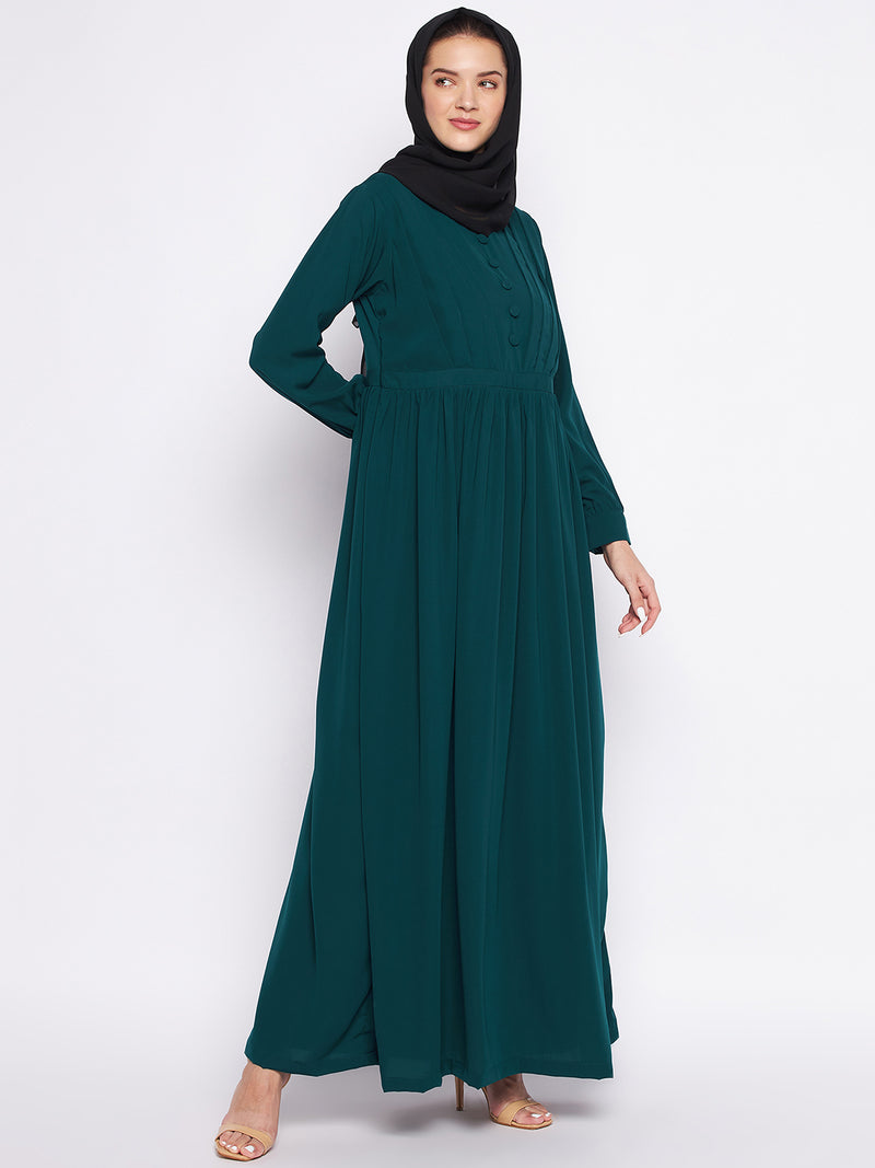 Nabia Bottle Green Solid Nida Matte Fabric Abaya For Women With Georgette Scarf