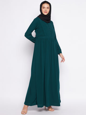 Nabia Bottle Green Solid Nida Matte Fabric Abaya For Women With Georgette Scarf