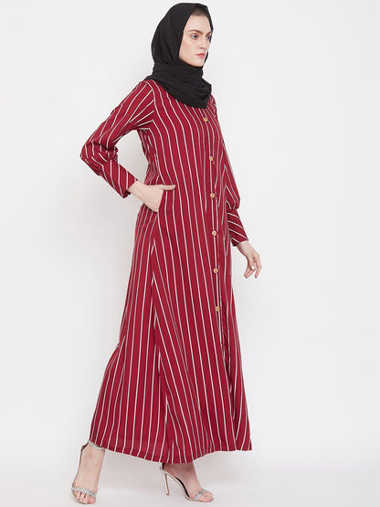 Nabia Women Maroon Front Open Striped Abaya with Georgette Scarf