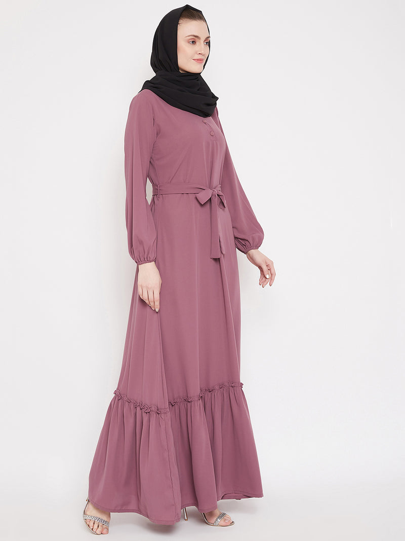 Nabia Puse Pink Solid Frill Abaya Dress for Women with Georgette Scarf